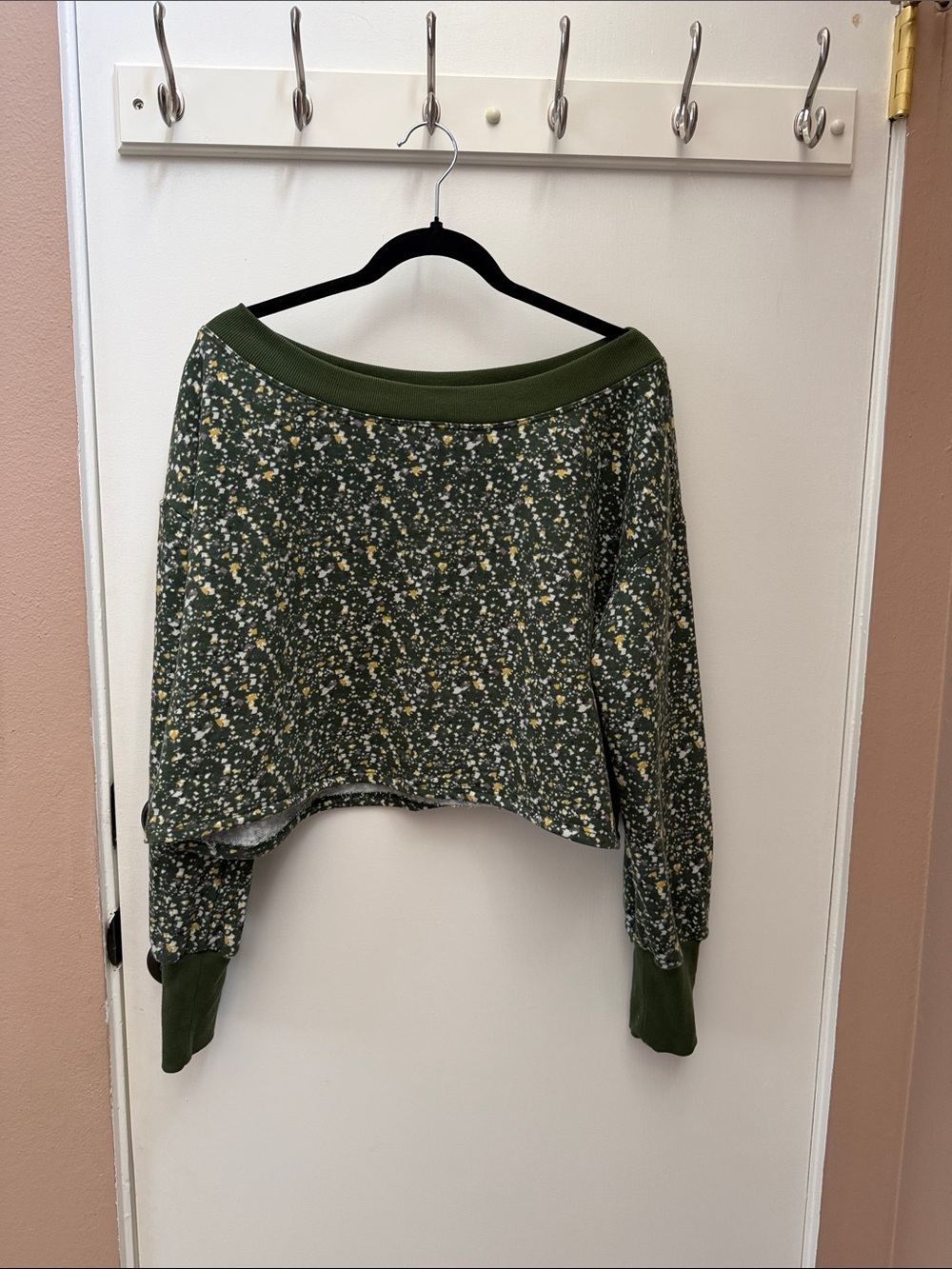 Anthropologie Daily Practice  Olive Green Ditsy Floral Off-Shoulder Sweater